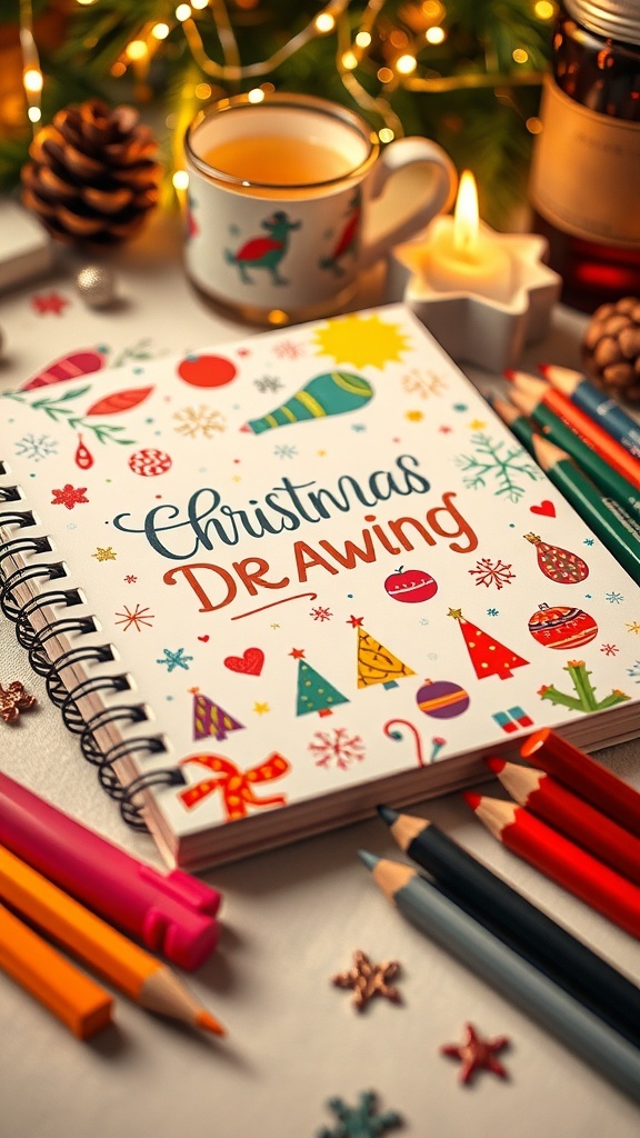 Christmas Drawing Notebook Recipe A Christmas drawing notebook with festive decorations and colored pencils on a holiday-themed table.